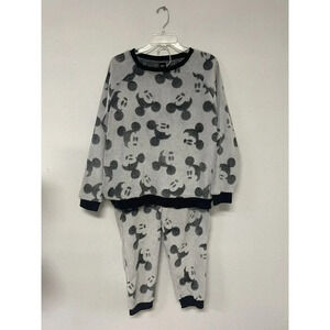 Disney Mickey Mouse Pajama Set Women's Med Gray‎ Black 2 Piece Fleece Jogger